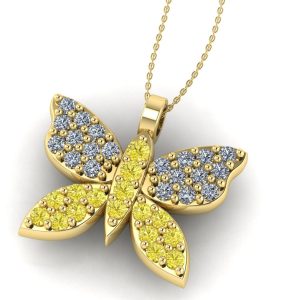 Pandantiv model fluture cu diamante galbene si incolore din aur galben ESP36