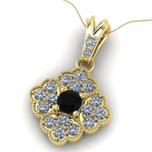 Pandantiv din aur galben cu diamant negru si diamante model floare ESP19