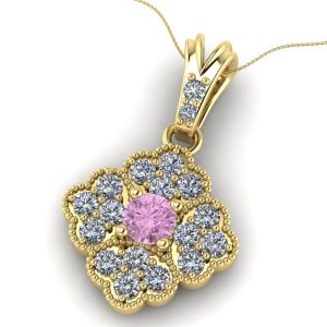 Pandantiv din aur galben cu diamant roz si diamante model floral ESP19