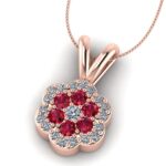 Pandantiv floare cu pave de diamante si rubine din aur roz ESP9
