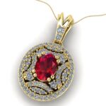 Pandantiv halo din aur 18k galben cu rubin oval si diamante ESP22