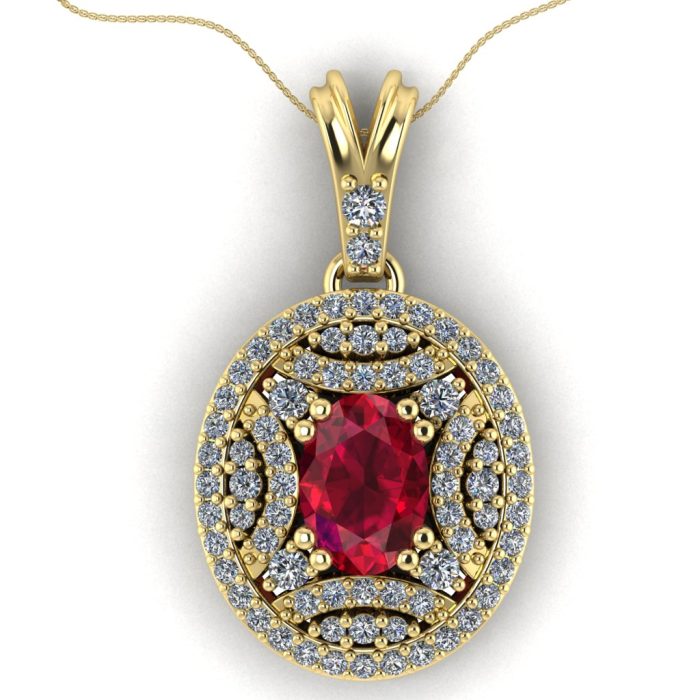 Pandantiv halo din aur galben cu rubin oval si diamante ESP22
