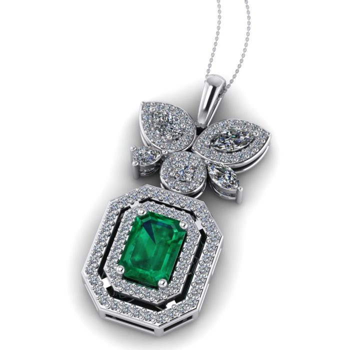 Pandantiv cu smarald emerald si diamante din aur alb ESP39