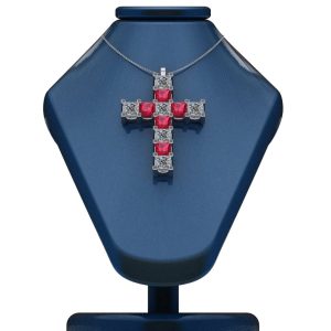 Pandantiv pe suport cruce cu rubine si diamante patrat din aur ESCR7